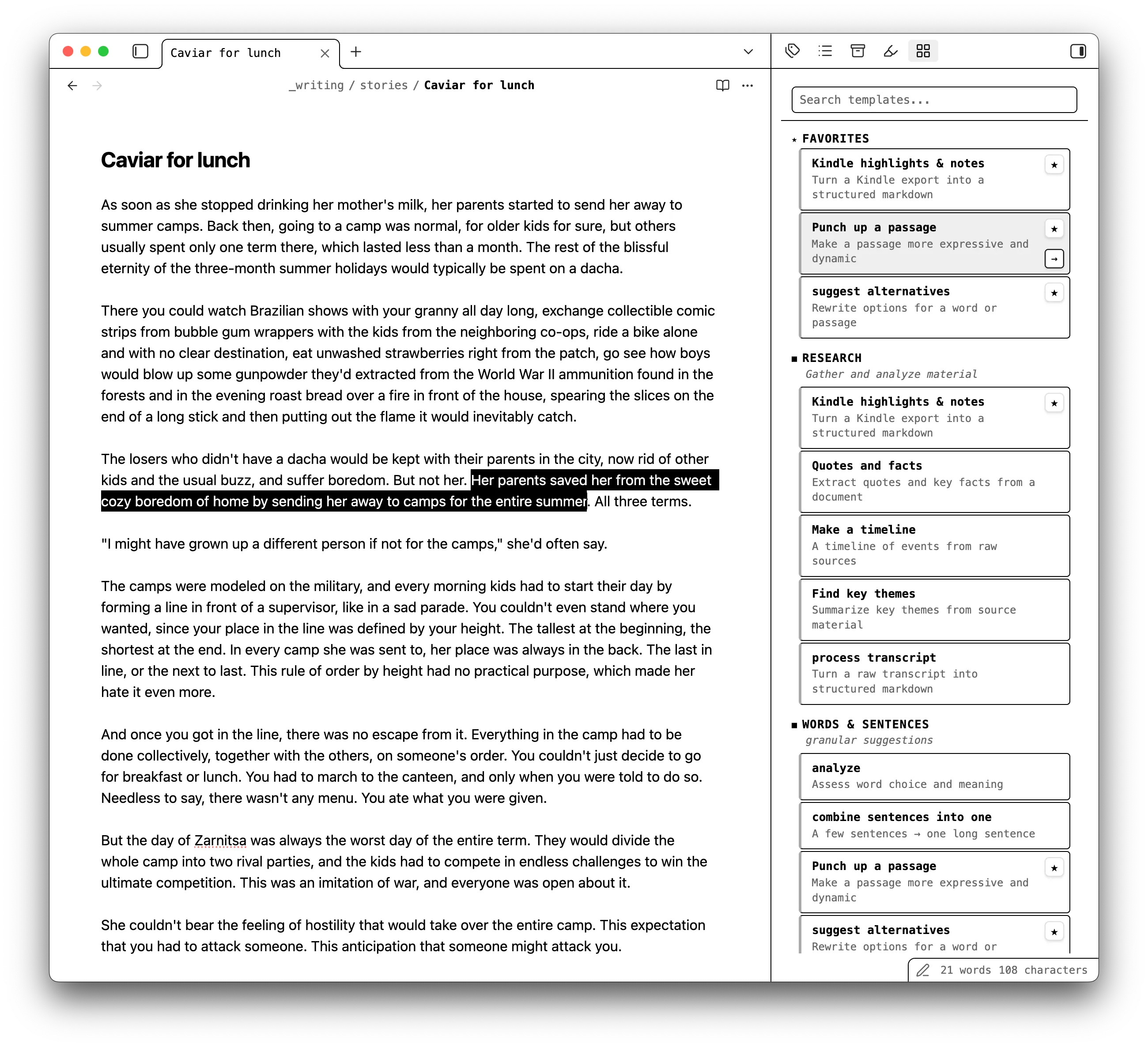 The Grab a Prompt sidebar in Obsidian: searchable prompt templates grouped by category, next to an open note with a passage selected
